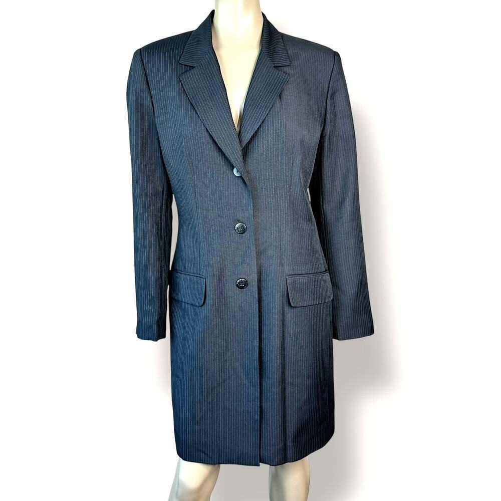 Courtenay Vintage Women 10 Linen Blend Long Blazer Suit Trench Coat Gray Striped